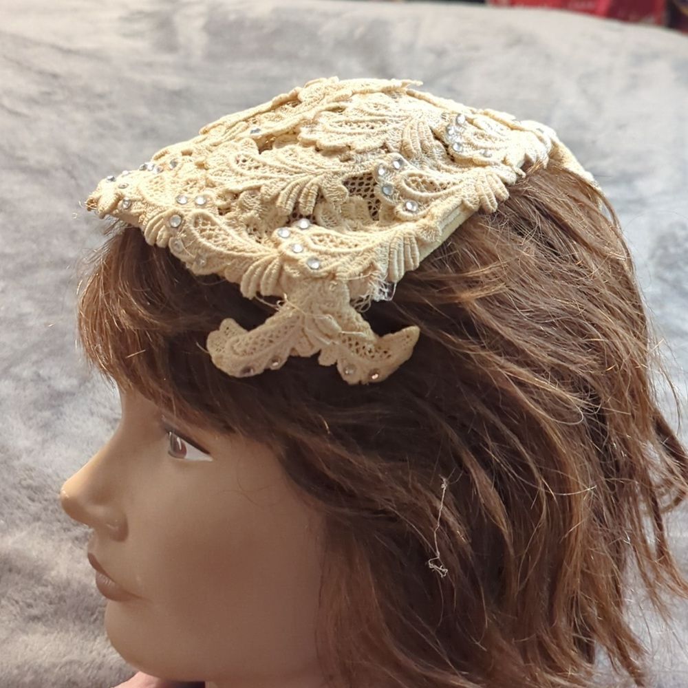 Vintage 1950's Womens‎ Emporium Hat San Francisco New York Rhinestones Cream - Picture 3 of 9